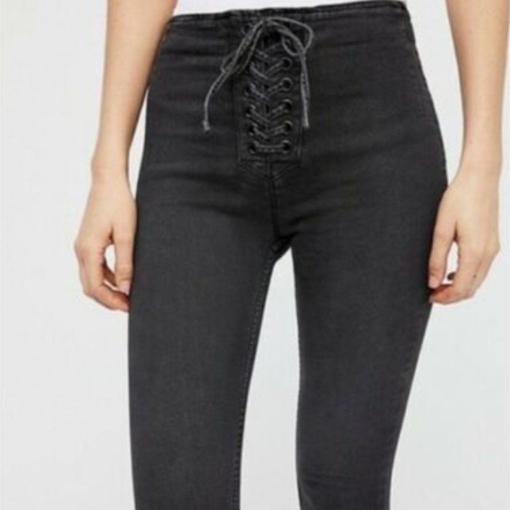 Free People High Rise Black Lace Up Skinny Jean Leggings